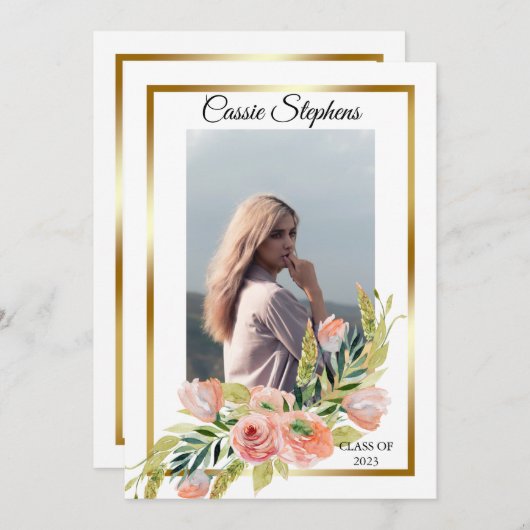 Boho Floral 4 Photo Collage Gold Frame Graduation Aankondiging (Voorkant / Achterkant)