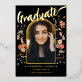 Boho floral Afstuderen Foto Afstudeerder Party Scr Folie Uitnodiging (Voorkant)