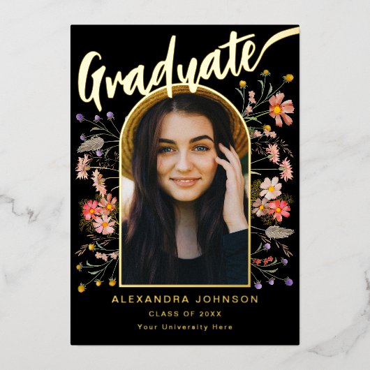 Boho floral Afstuderen Foto Afstudeerder Party Scr Folie Uitnodiging (Voorkant)