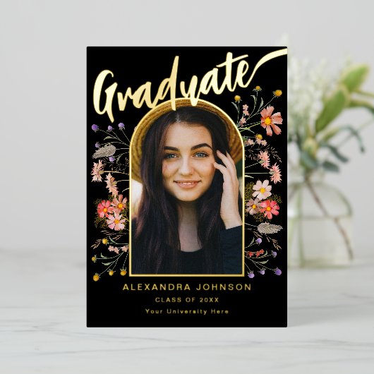 Boho floral Afstuderen Foto Afstudeerder Party Scr Folie Uitnodiging (Staand Voorkant)