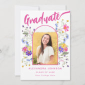 Boho Floral Afstuderen Fotoboog Roze Script Aankondiging (Voorkant)