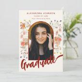 Boho Floral Afstuderen Photo Arch Modern Script Aankondiging (Staand voorkant)