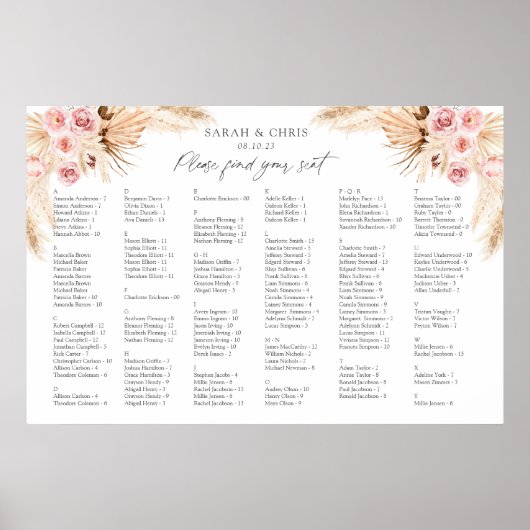 Boho Floral Alfabetical Order Seat Chart Poster (Voorkant)
