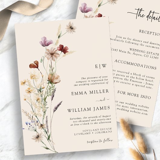 Boho Floral All-in-One Wedding Invitations Kaart