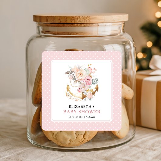 Boho Floral Anchor Girl Baby Shower Vierkante Sticker
