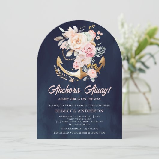 Boho Floral Anchor Nautisch Meisje Navy Baby showe Kaart (Staand voorkant)