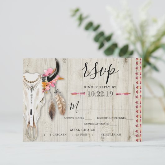 Boho Floral Antler Meal Choice Rustic Wood Weddens RSVP Kaartje (Staand voorkant)