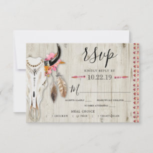 Boho Floral Antler Meal Choice Rustic Wood Weddens RSVP Kaartje