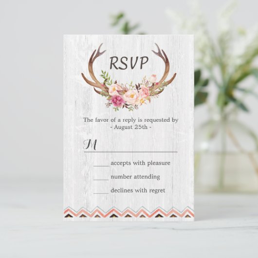 Boho Floral Antler Rustic White Wood Wedding RSVP (Staand voorkant)