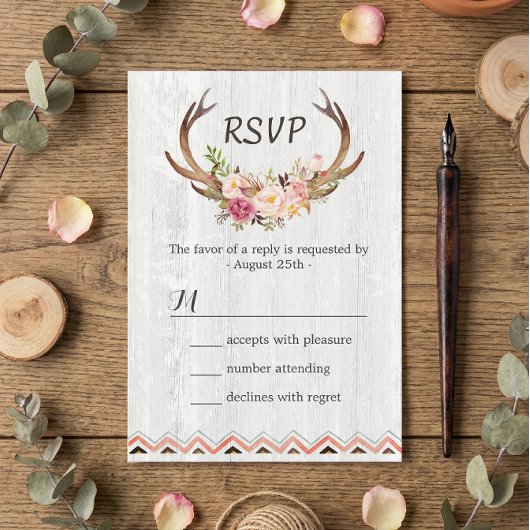 Boho Floral Antler Rustic White Wood Wedding RSVP