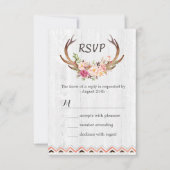 Boho Floral Antler Rustic White Wood Wedding RSVP Kaartje (Voorkant)