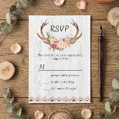 Boho Floral Antler Rustic White Wood Wedding RSVP Kaartje