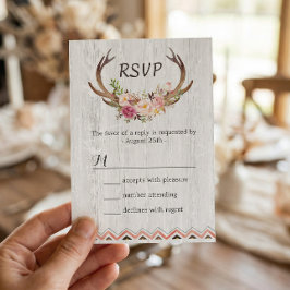 Boho Floral Antler Rustic White Wood Wedding RSVP Kaartje