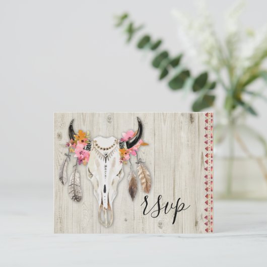 Boho Floral Antler schedel rustiek hout RSVP bruil Briefkaart (Staand voorkant)