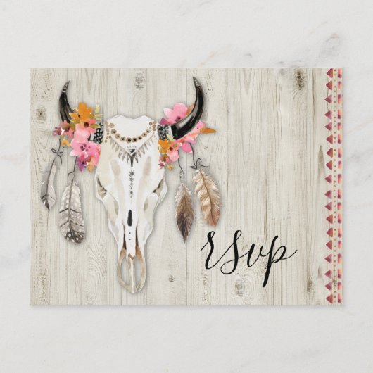 Boho Floral Antler schedel rustiek hout RSVP bruil Briefkaart (Voorkant)