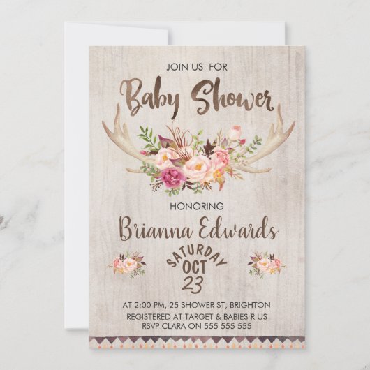 Boho Floral Antlers Baby shower Uitnodiging (Voorkant)