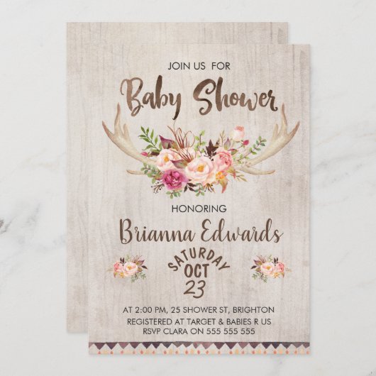 Boho Floral Antlers Baby shower Uitnodiging (Voorkant / Achterkant)