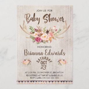 Boho Floral Antlers Baby shower Uitnodiging