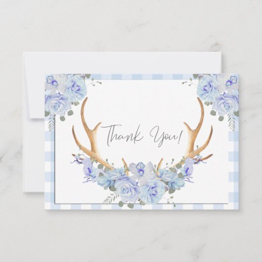 BOHO Floral Antlers Blue Gingham Bedankkaart (Voorkant)
