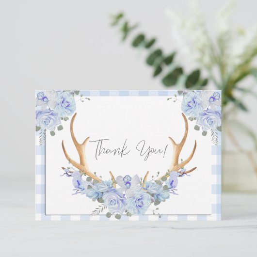 BOHO Floral Antlers Blue Gingham Bedankkaart (Staand voorkant)
