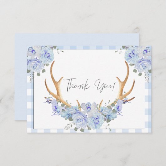 BOHO Floral Antlers Blue Gingham Bedankkaart (Voorkant / Achterkant)