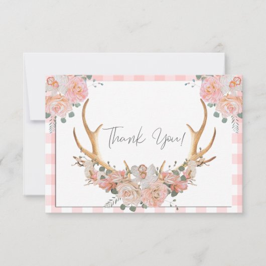 BOHO Floral Antlers Coral Gingham Bedankkaart (Voorkant)