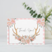 BOHO Floral Antlers Coral Gingham Bedankkaart (Staand voorkant)