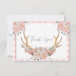 BOHO Floral Antlers Coral Gingham Bedankkaart