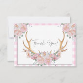 BOHO Floral Antlers Pink Gingham Bedankkaart (Voorkant)