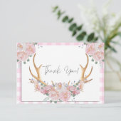BOHO Floral Antlers Pink Gingham Bedankkaart (Staand voorkant)