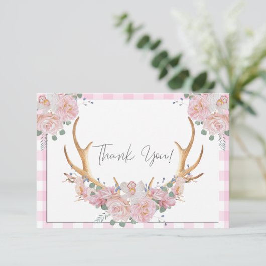 BOHO Floral Antlers Pink Gingham Bedankkaart (Staand voorkant)