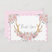 BOHO Floral Antlers Pink Gingham Bedankkaart (Voorkant / Achterkant)