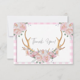 BOHO Floral Antlers Pink Gingham Bedankkaart