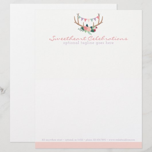 Boho Floral Antlers & Shabby Rozen Party Bunting Custom Briefhoofd (Voorkant / Achterkant)