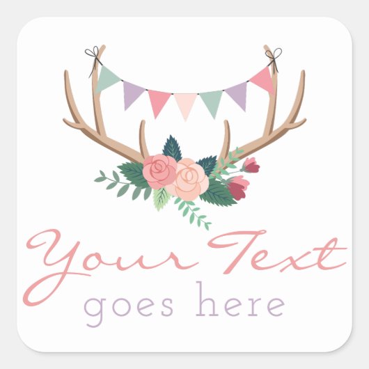 Boho Floral Antlers & Shabby Rozen Party Bunting Vierkante Sticker (Voorkant)