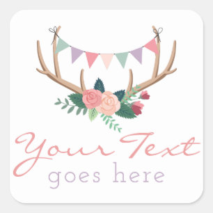 Boho Floral Antlers & Shabby Rozen Party Bunting Vierkante Sticker