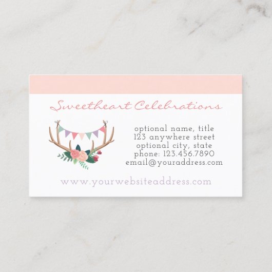 Boho Floral Antlers & Shabby Rozen Party Bunting Visitekaartje (Achterkant)