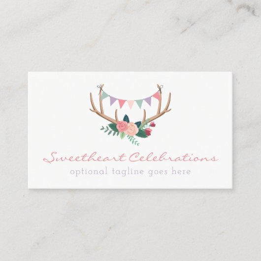 Boho Floral Antlers & Shabby Rozen Party Bunting Visitekaartje (Voorkant)
