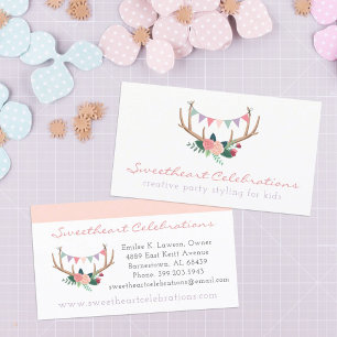 Boho Floral Antlers & Shabby Rozen Party Bunting Visitekaartje