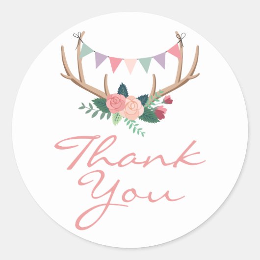 Boho Floral Antlers & Shabby Rozen Party Dank u Ronde Sticker (Voorkant)