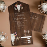 Boho Floral Antlers Skull Dark Wood Weddenschap All In One Uitnodiging<br><div class="desc">Boho floral and vether antlers koe schedel rustic wood trouwuitnodiging. Deze bruinachtige trouwuitnodigingen zijn voorzien van een koe schedel met bloemen en veren.</div>