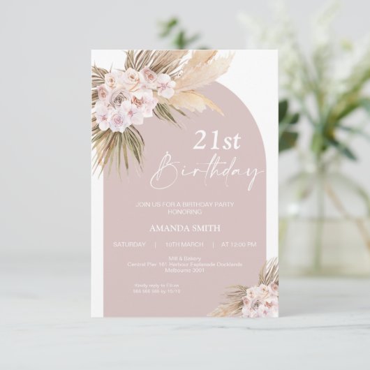 Boho Floral Arch 21st Birthday Uitnodiging (Staand voorkant)