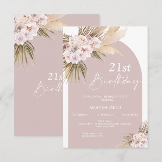 Boho Floral Arch 21st Birthday Uitnodiging (Voorkant / Achterkant)