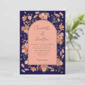 Boho Floral Arch Navy Blue Fall Wedding Kaart (Staand voorkant)