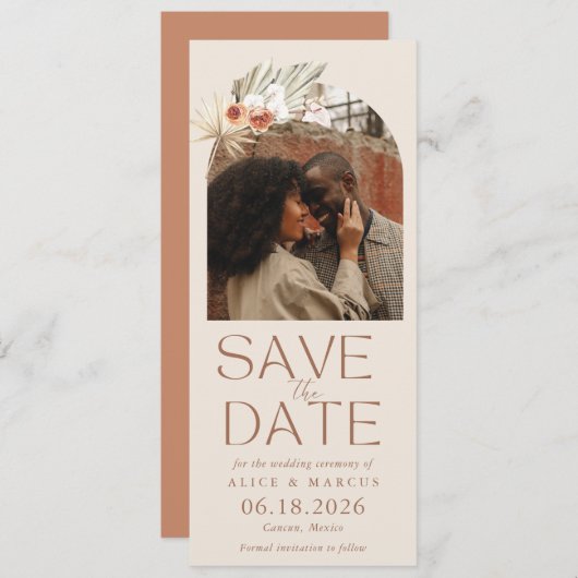 Boho Floral Arch Photo Wedding Save the Date (Voorkant / Achterkant)