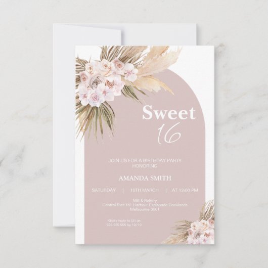 Boho Floral Arch Sweet 16 Birthday Invitation Kaart (Voorkant)