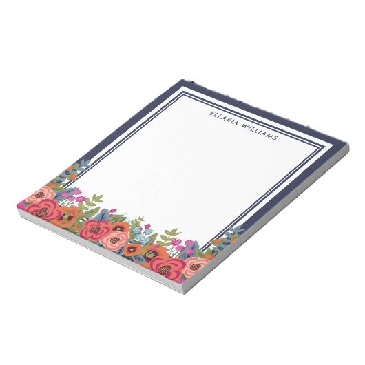 Boho Floral Arrangement - Navy Blue & White - naam Notitieblok (Linkerzijde)