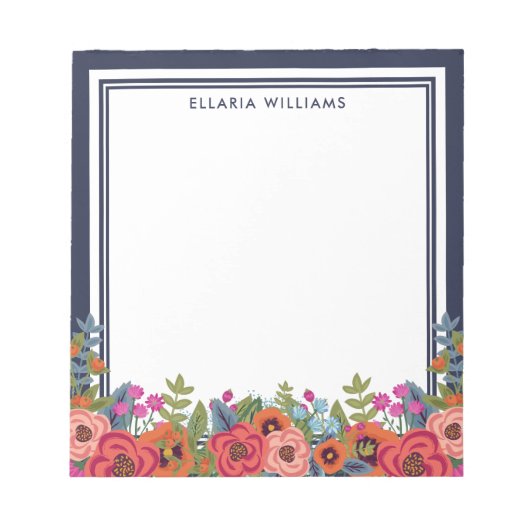 Boho Floral Arrangement - Navy Blue & White - naam Notitieblok (Voorkant)
