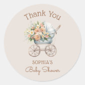 Boho Floral Baby Carriage Baby shower Dank u Ronde Sticker (Voorkant)