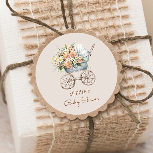 Boho Floral Baby Carriage Baby shower Ronde Sticker